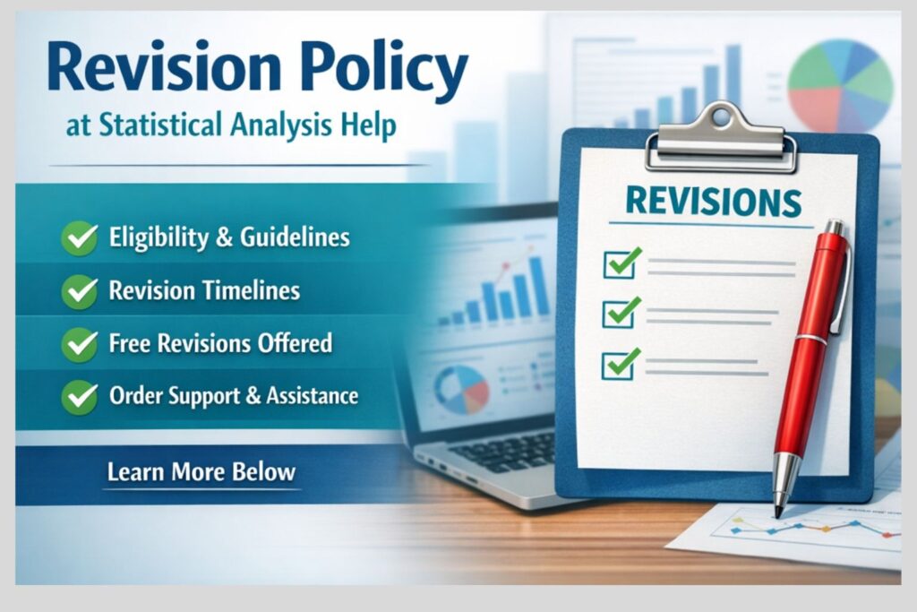 Revision Policy graphic for Statistical Analysis Help showing revision eligibility, timelines, free revisions, and order support with a clipboard and analytics charts.