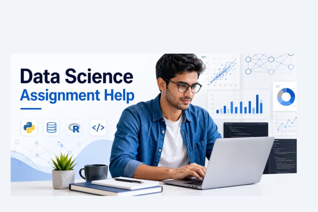 Data science assignment help banner showing a student working on a laptop with Python, R, coding, database icons, and data visualization charts in the background.