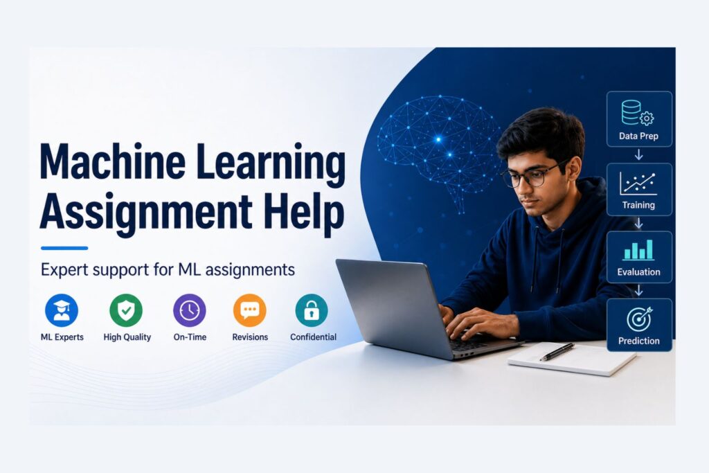 Machine learning assignment help banner showing a student using a laptop with brain network graphics, model workflow icons, and service highlights for ML experts, quality, delivery, revisions, and confidentiality.