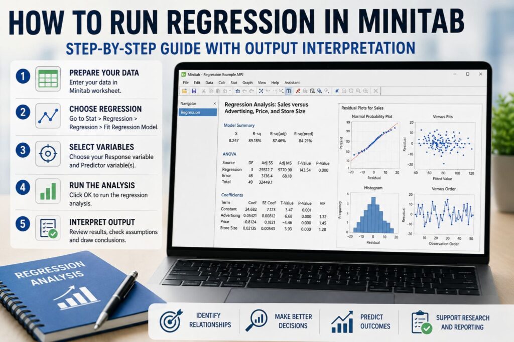 Infographic showing how to run regression in Minitab, with a laptop displaying regression output and residual plots alongside step by step instructions.