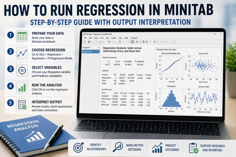 Infographic showing how to run regression in Minitab, with a laptop displaying regression output and residual plots alongside step by step instructions.