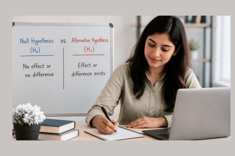 Student learning null vs alternative hypotheses with notes on a whiteboard during statistical analysis study.