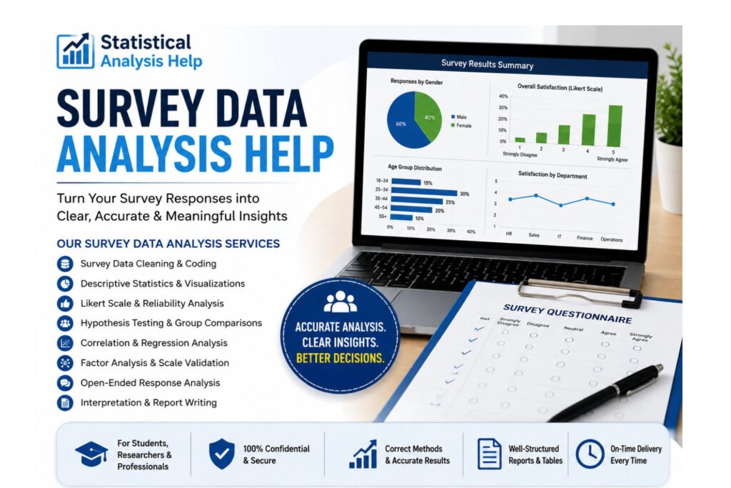 Survey data analysis help graphic showing a laptop with survey charts, a questionnaire form, and key analysis services