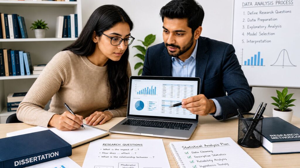 Graduate student receiving dissertation statistics help with data analysis charts and statistical results interpretation