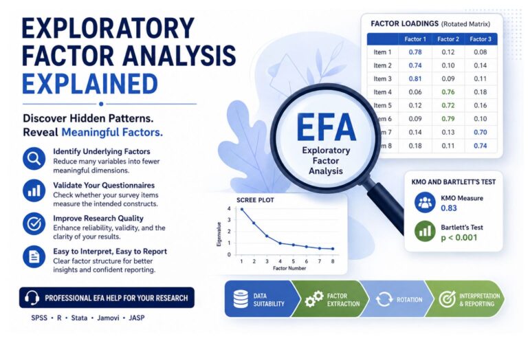 Exploratory factor analysis infographic showing EFA concepts, factor loadings, scree plot, and KMO and Bartlett’s test results.