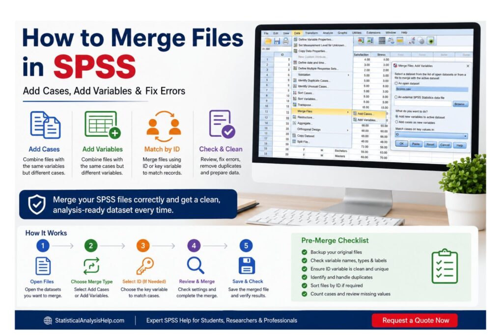 Infographic showing how to merge files in SPSS using Add Cases, Add Variables, ID matching, and a pre-merge checklist.