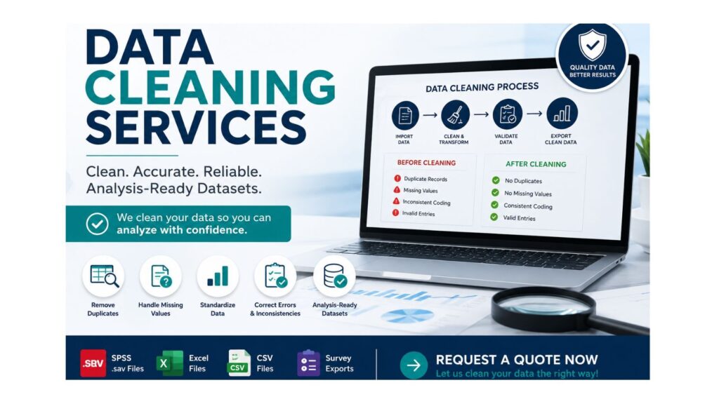 Data Cleaning Services feature image showing a laptop dashboard, data cleaning workflow, and icons for fixing missing values, duplicates, coding errors, and preparing analysis-ready datasets.