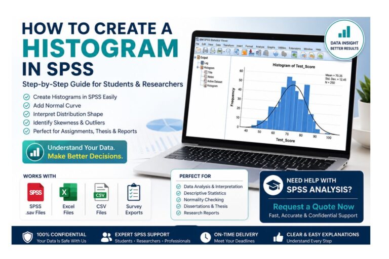 Feature image showing how to create a histogram in SPSS using a laptop screen with an SPSS histogram, normal curve, and step-by-step tutorial highlights.