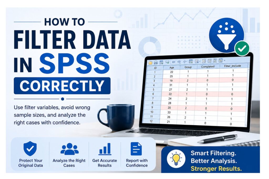 Repeated measures ANOVA infographic showing repeated observations, mean changes over time, assumptions, and SPSS-style output.