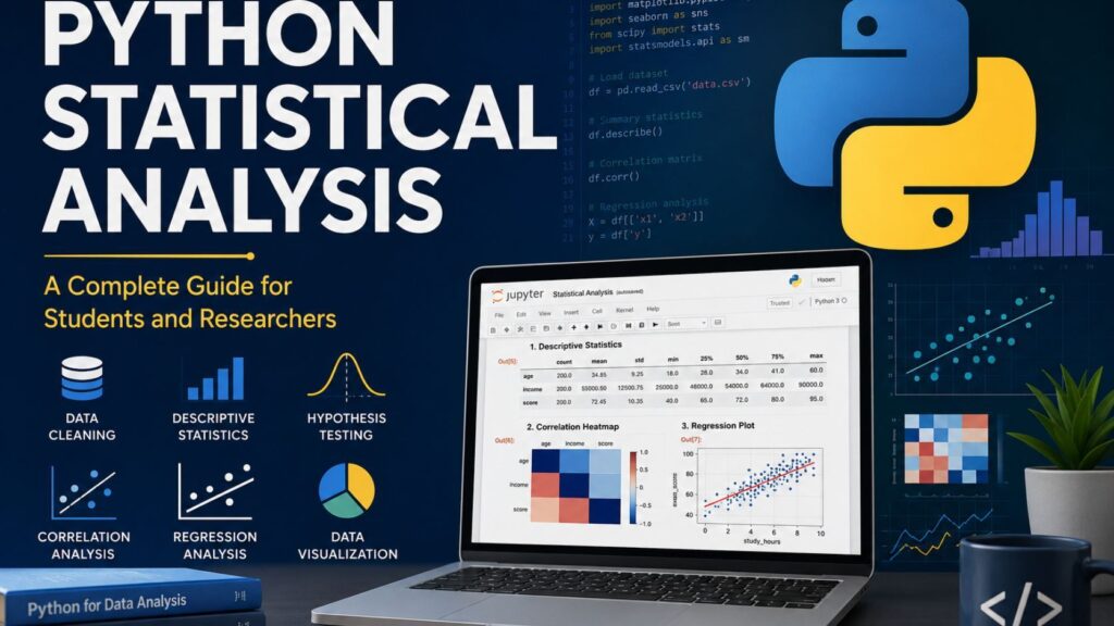Python statistical analysis feature image showing Jupyter Notebook, Python code, data cleaning, descriptive statistics, hypothesis testing, regression analysis, correlation analysis, and data visualization charts.